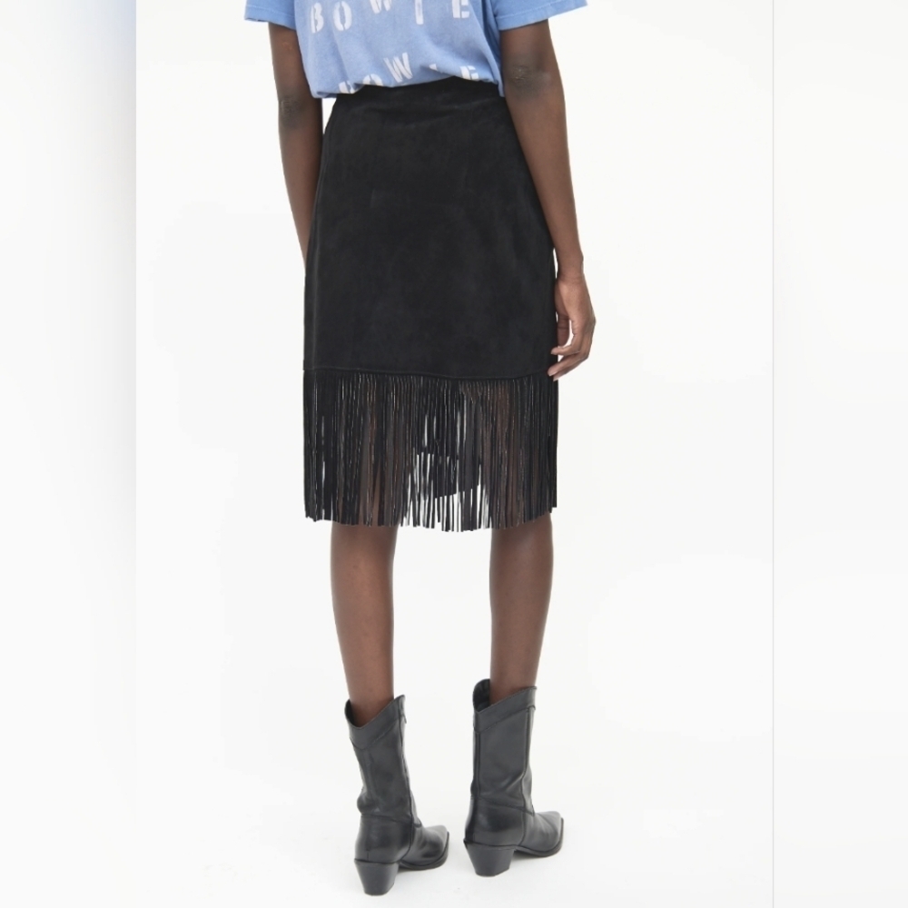 HANDMADE Black Faux Suede Midi Fringe Skirt Size Small